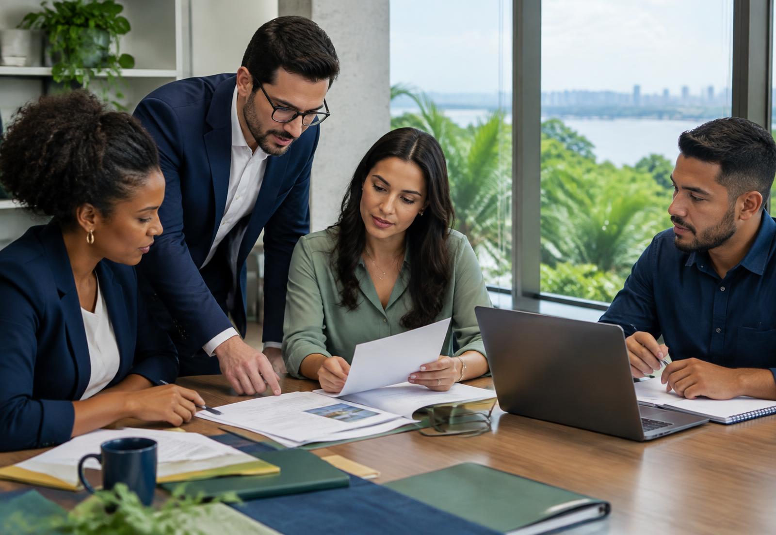 Equipe reunida analisando documentos financeiros em um escritório