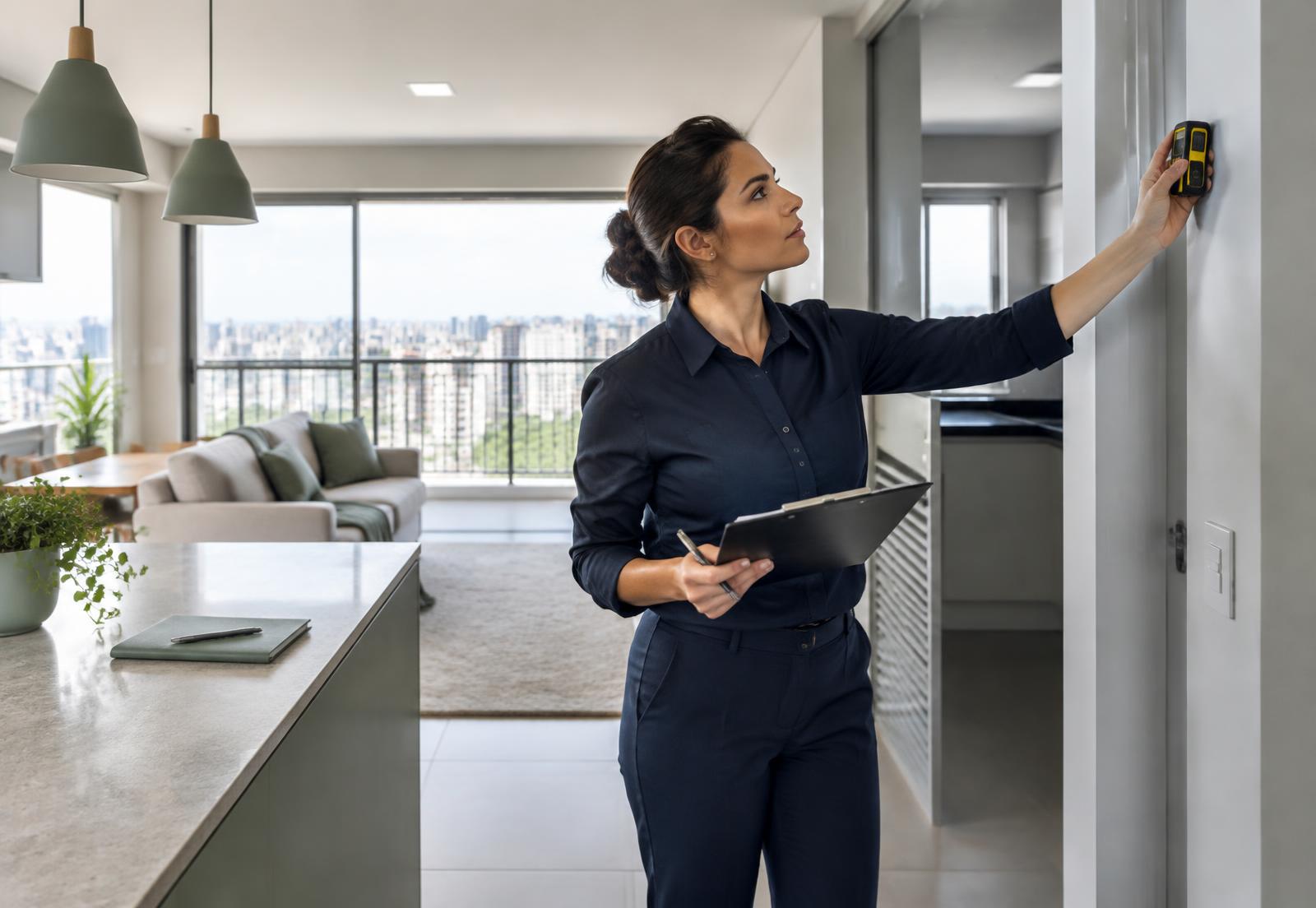Arquiteta realizando vistoria técnica em apartamento